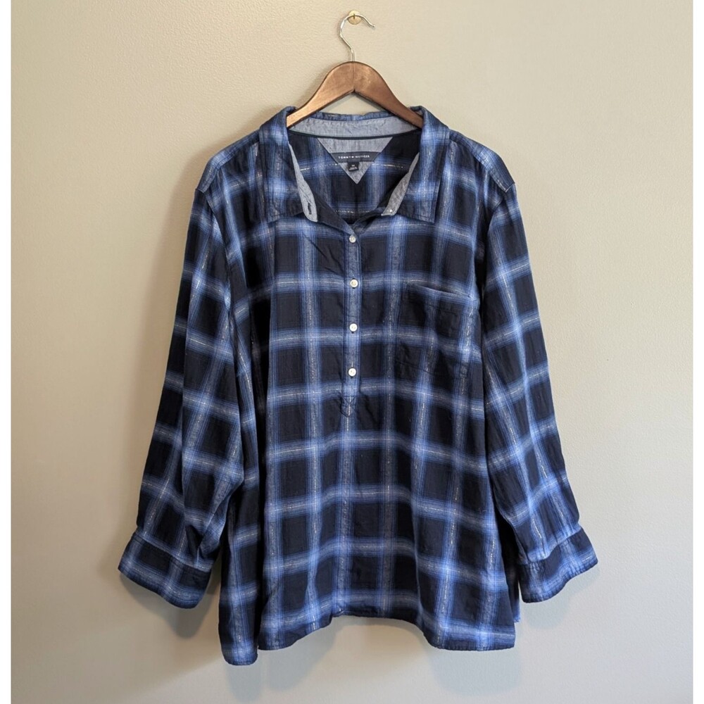 Tommy Hilfiger Blue and Black Plaid Button Pullover Blouse